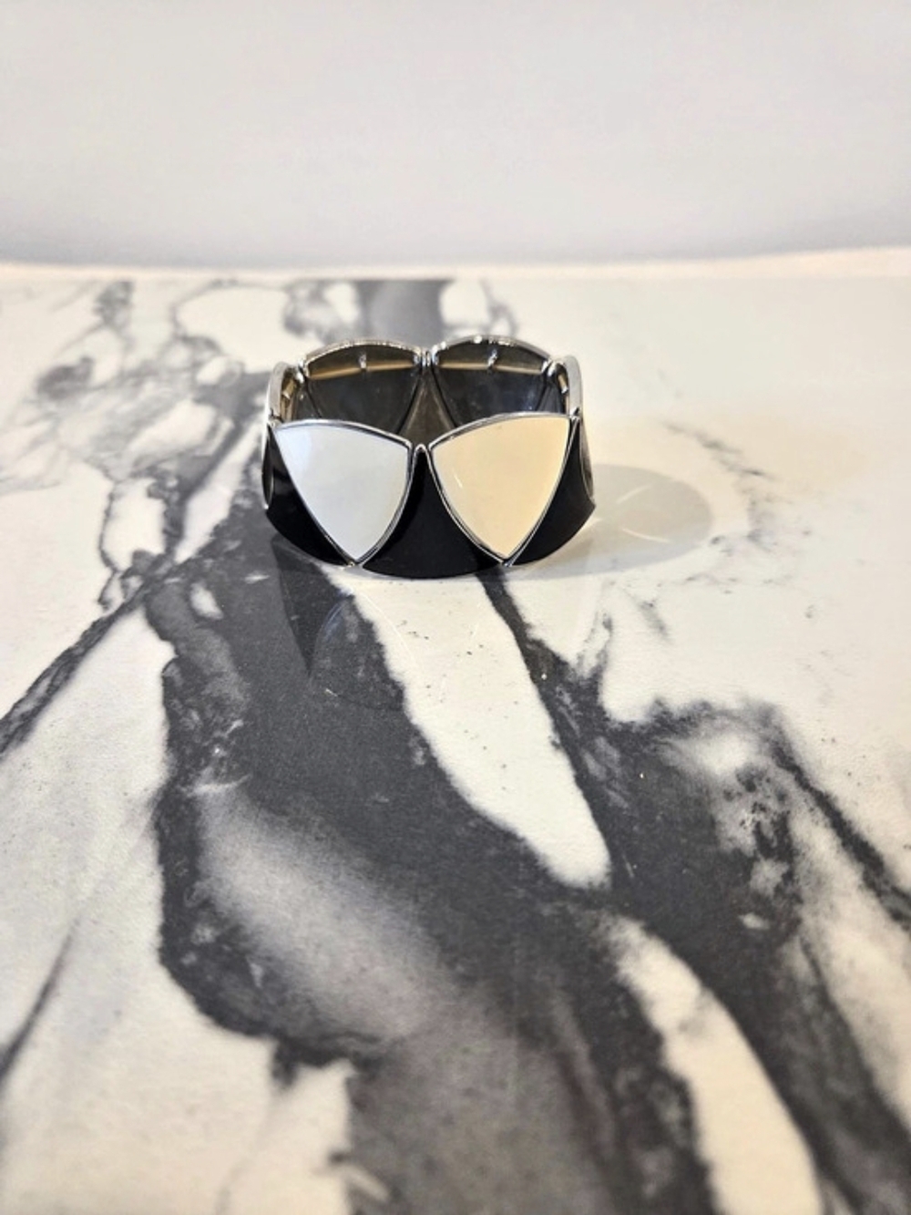 Vintage Geometric Black Cream Enamel Stretch Cuff Bracelet Silver Tone